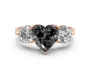 Heart-Shaped Vintage Three Stone Engagement Ring Setting for a Black Center | Milgrain Band | Rose Gold