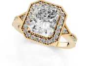Radiant Cut Diamond Halo Engagement Ring Set in Yellow gold with Milgrain Pavé Band