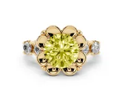 Round Floral Engagement Ring Setting for a Fancy Yellow Lab-Grown Diamond | Petal Frame and Side Stones | Yellow Gold