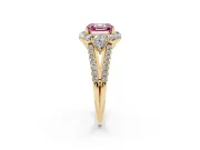 Fancy Pink Asscher Cut Diamond Halo Split Shank Engagement Ring Set in Yellow gold with Prong-Held Center Stone