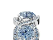 Round Three Stone Halo Engagement Ring Setting for a Fancy Blue Lab-Grown Diamond | Pavé Wave Band | Platinum