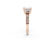 Emerald Cut Diamond Three-Stone Ring Set in Rose gold with Round Side Stones and Pavé Band