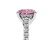 Fancy Pink Radiant Cut Diamond Solitaire Ring Set in Silver with Brilliant Pavé Band and Prong Setting
