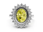 Fancy Yellow Oval Cut Diamond Halo Ring Set in White gold with Milgrain Edge and Round Prong Setting
