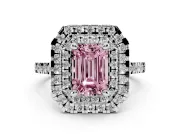 Fancy Pink Emerald Cut Diamond Double Halo Statement Ring Set in Platinum with Pavé Band