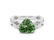 Fancy Green Heart Cut Diamond Twist Band Solitaire Ring Set in White gold with Leaf Prong Setting and Accent Stones