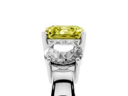 Asscher Cut Three Stone Engagement Ring Setting for a Fancy Yellow Lab-Grown Diamond | Wide Plain Band | Platinum
