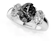 Fancy Black Three-Stone Oval Cut Diamond Ring Set in Platinum with Matching Prong Settings and Plain Band