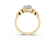 Round Cut Diamond Milgrain Leaf Band Solitaire Ring Set in Yellow gold with Accent Stones and Prong Setting