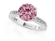 Fancy Pink Round Cut Diamond Solitaire Ring Set in White gold with Slim Pavé Band and Prong Setting