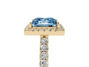 Fancy Blue Princess Cut Diamond Halo Pavé Solitaire Ring Set in Yellow gold with Prong-Set Center Stone