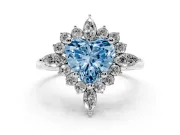 Fancy Blue Heart Cut Diamond Cluster Halo Ring Set in White gold with Marquise and Round Accents
