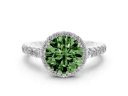Fancy Green Round Cut Diamond Halo Engagement Ring Set in Platinum with Pavé Band and Prong Setting