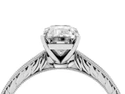 Emerald Cut Diamond Solitaire Milgrain Engraved Band Set in Silver with Prong Setting