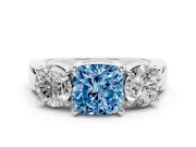 Cushion Cut Three Stone Engagement Ring Setting for a Fancy Blue Lab-Grown Diamond | Wide Plain Band | Sterling Silver