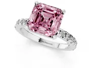 Fancy Pink Asscher Cut Diamond Pavé Band Solitaire Set in White gold with Prong Setting