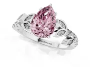 Fancy Pink Pear Cut Diamond Solitaire Leaf-Inspired Ring Set in White gold with Pavé Band and Prong Setting