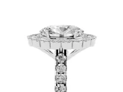 Oval Cut Diamond Milgrain Floral Halo Engagement Ring Set in White gold with Pavé Band