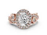 Oval Cut Diamond Halo Ring Set in Rose gold with Milgrain Pavé Band and Prong Setting