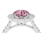 Fancy Pink Round Cut Diamond Milgrain Floral Halo Engagement Ring Set in Platinum with Pavé Band
