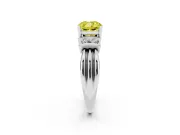 Fancy Yellow Three-Stone Cushion Cut Diamond Channel Set Ring Set in Platinum with Bar Prongs