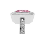 Fancy Pink Radiant Cut Diamond Halo Engagement Ring Set in Silver with Pavé Band and Round Halo Stones