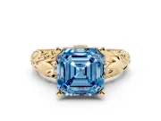 Fancy Blue Asscher Cut Diamond Filigree Halo Engagement Ring Set in Yellow gold with Prong Setting