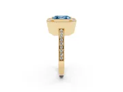 Fancy Blue Asscher Cut Diamond Halo Ring Set in Yellow gold with Pavé Band and Milgrain-Edged Prongs