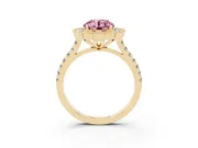 Fancy Pink Round Cut Diamond Milgrain Floral Halo Engagement Ring Set in Yellow gold with Pavé Band