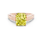 Fancy Yellow Radiant Cut Diamond Solitaire Engagement Ring Set in Rose gold with Prong Setting and Tapered Band