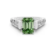 Fancy Green Emerald Cut Diamond Classic Solitaire Ring Set in White gold with Pavé Band and Prong Setting