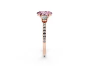 Fancy Pink Oval Cut Diamond Three-Stone Ring Set in Rose gold with Pavé Band and Graduated Sides