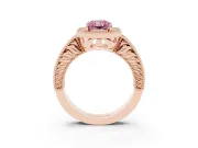 Fancy Pink Radiant Cut Diamond Halo Ring Set in Rose gold with Round Accent Halo, Pavé Band and Prong Setting