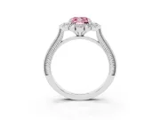 Fancy Pink Cushion Cut Diamond Halo Milgrain Pavé Ring Set in Platinum with Prong Setting