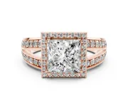 Princess Cut Halo Engagement Ring Setting | Two-Row Pave Split Shank | Rose Gold