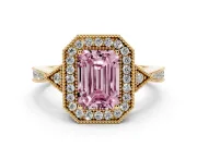 Fancy Pink Emerald Cut Diamond Halo Engagement Ring Set in Yellow gold with Milgrain Pavé Band