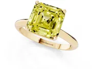 Fancy Yellow Asscher Cut Diamond Solitaire Ring Set in Yellow gold with Prong Setting on a Plain Round Band
