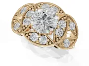 Round Vintage Floral Halo Engagement Ring Setting | Engraved Milgrain Band | Yellow Gold