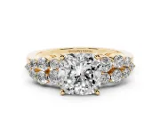 Cushion Cut Diamond Cluster Engagement Ring Set in Yellow gold with Pavé Band and Prong Setting