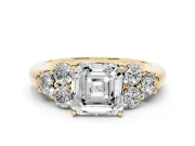 Asscher Cut Diamond Cluster Ring Set in Yellow gold with Round Accent Stones and Prong Setting on a Plain Band