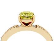 Fancy Yellow Emerald Cut Diamond Solitaire Ring Set in Yellow gold with Slim Pavé Band and Prong Setting