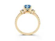 Fancy Blue Three-Stone Cushion Cut Diamond Pavé Band Ring Set in Yellow gold with Prong Setting