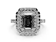 Fancy Black Emerald Cut Diamond Double Halo Statement Ring Set in Silver with Pavé Band