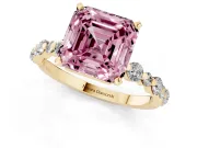 Fancy Pink Asscher Cut Diamond Prong Set Engagement Ring Set in Yellow gold with Round Accent Pavé Band
