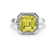 Fancy Yellow Asscher Cut Diamond Halo Ring Set in Silver with Cathedral Band and Prong Setting
