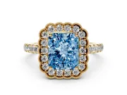 Fancy Blue Radiant Cut Diamond Milgrain Floral Halo Engagement Ring Set in Yellow gold with Pavé Band