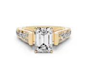 Emerald Cut Diamond Classic Solitaire Ring Set in Yellow gold with Pavé Band and Prong Setting