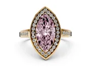 Fancy Pink Marquise Cut Diamond Halo Solitaire Ring Set in Yellow gold with Pavé Band and Bezel Setting