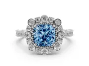 Fancy Blue Cushion Cut Diamond Halo Milgrain Pavé Ring Set in Platinum with Prong Setting