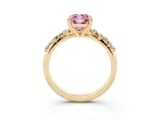 Fancy Pink Cushion Cut Diamond Solitaire Vine Band Ring Set in Yellow gold with Round Accents and Prong Setting